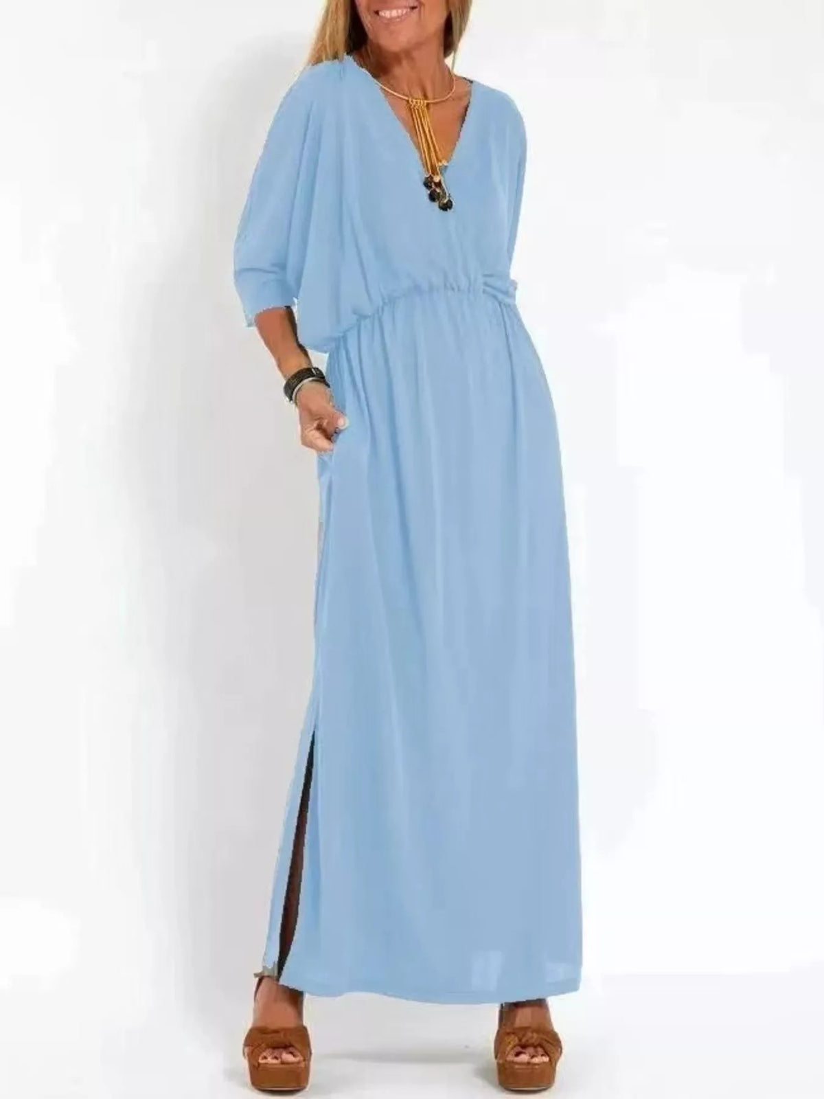 Full Size V-neck Batwing Sleeve Maxi Dress Side Slits Plus (17)