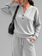 Button Detail Dropped Shoulder Top Pants Set (6)