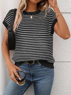 Striped Round Neck Short Sleeve Knit Top (8)