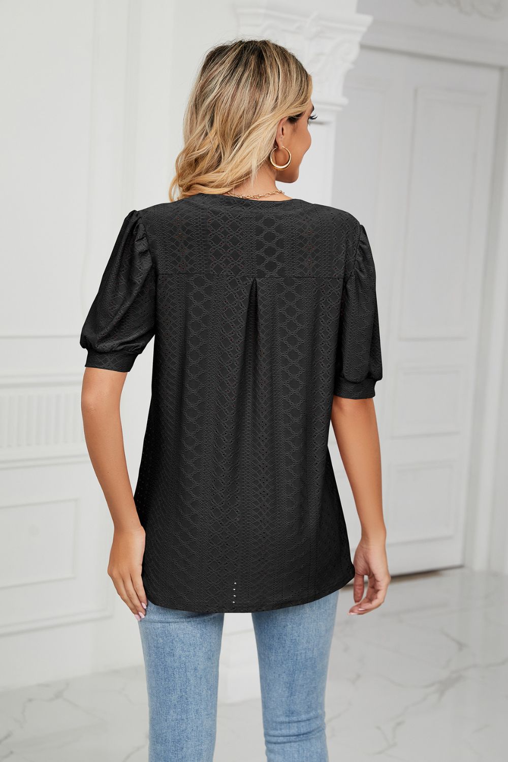 Eyelet Short Puff Sleeve Notched Neck Top (10)