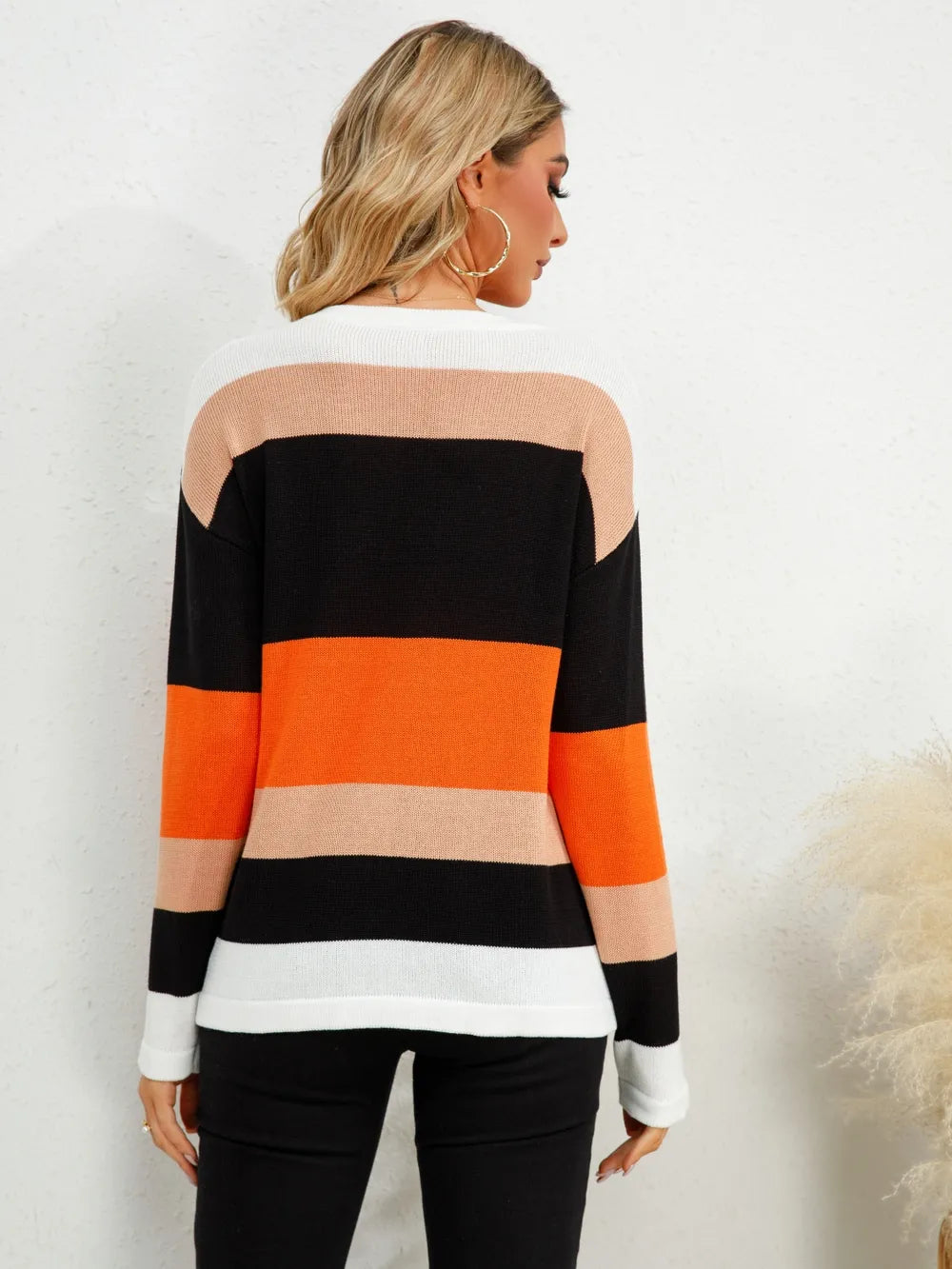 Striped Round Neck Dropped Shoulder Sweater (2)