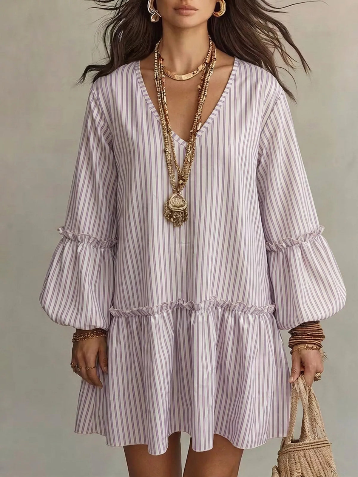 Full Size Striped Balloon Sleeve Mini Dress Plus (7)