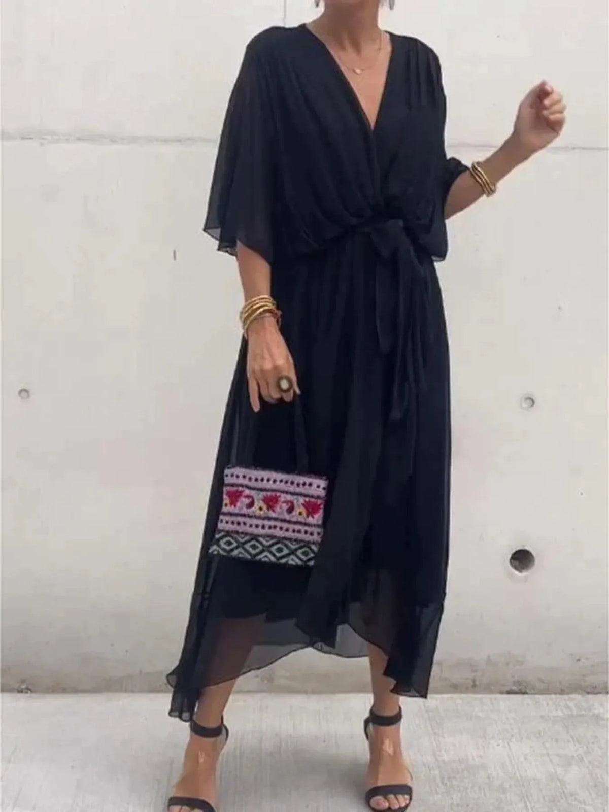 Full Size Flowy Tie Front Midi Dress Flutter Sleeves Plus (22)