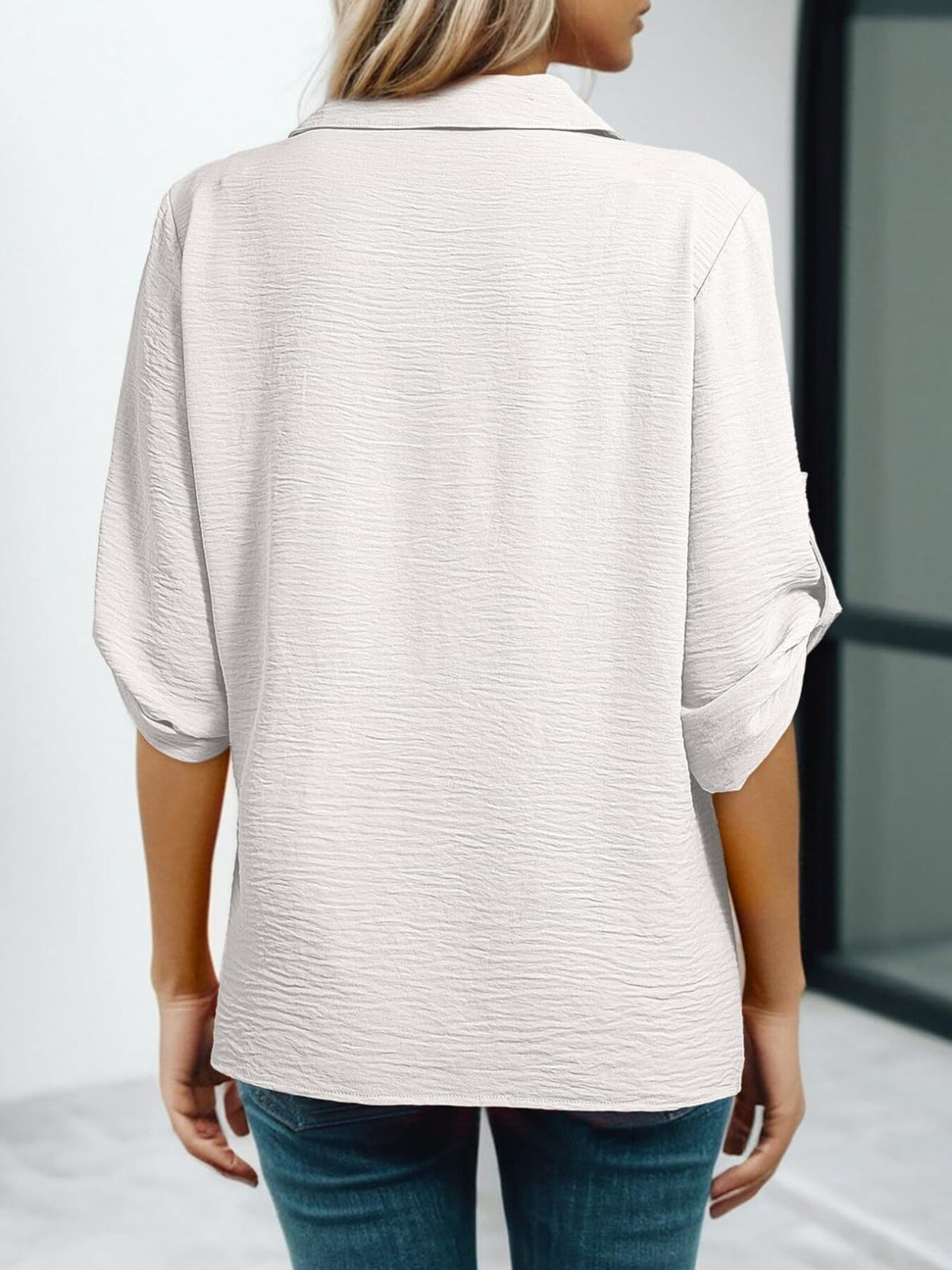 Johnny Collar Roll-up Sleeve Blouse (5)