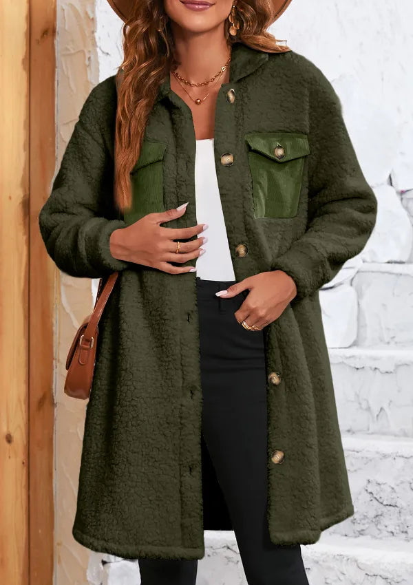 Collared Neck Long Sleeve Longline Teddy Jacket (25)