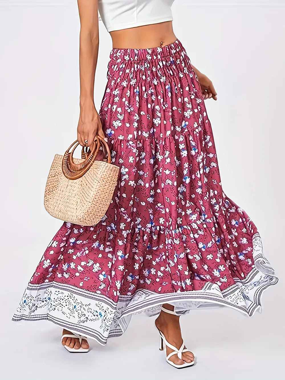 Full Size Tiered Printed Elastic Waist Skirt (3)