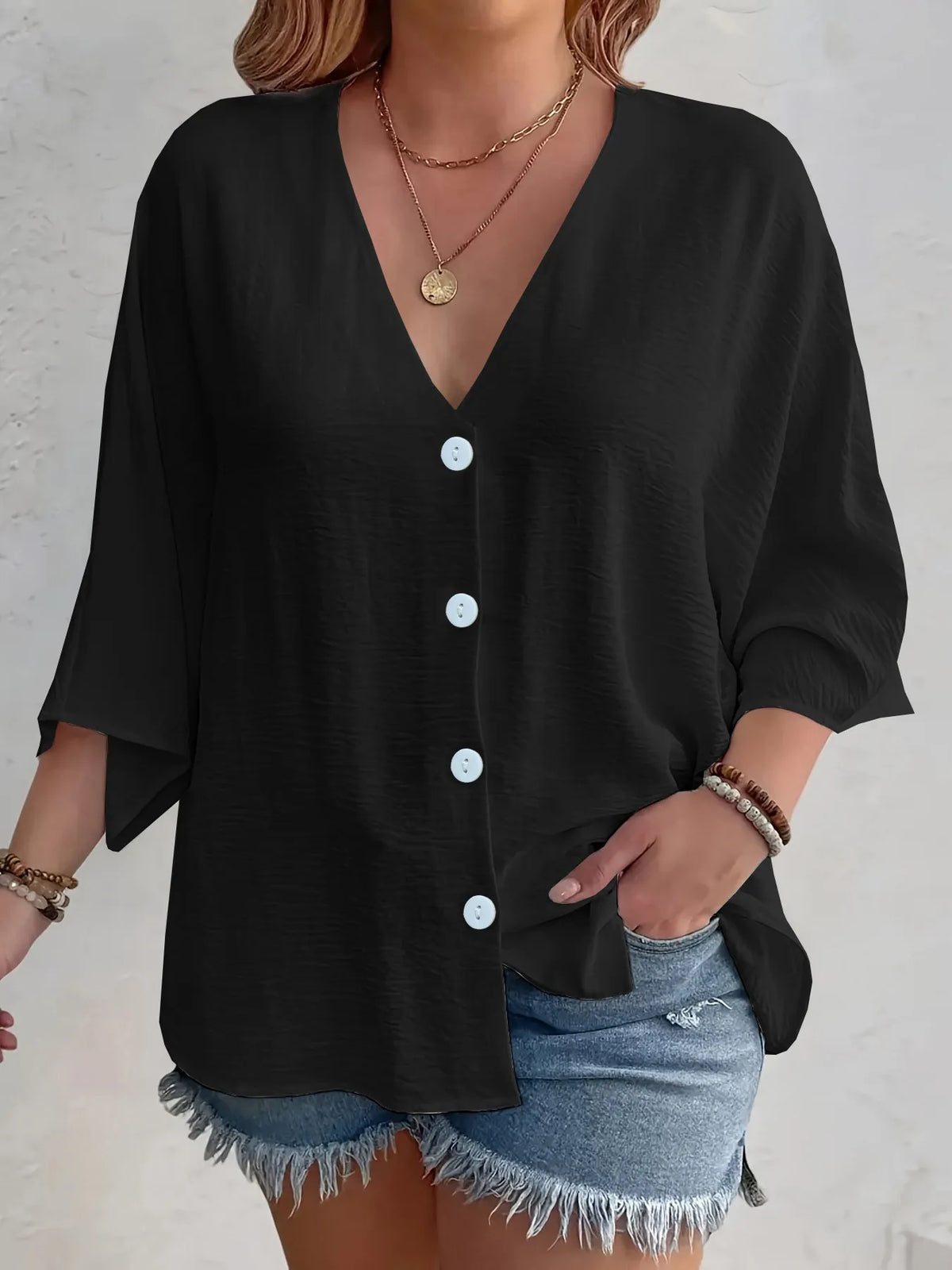 Full Size V-neck Button Down Shirt Plus