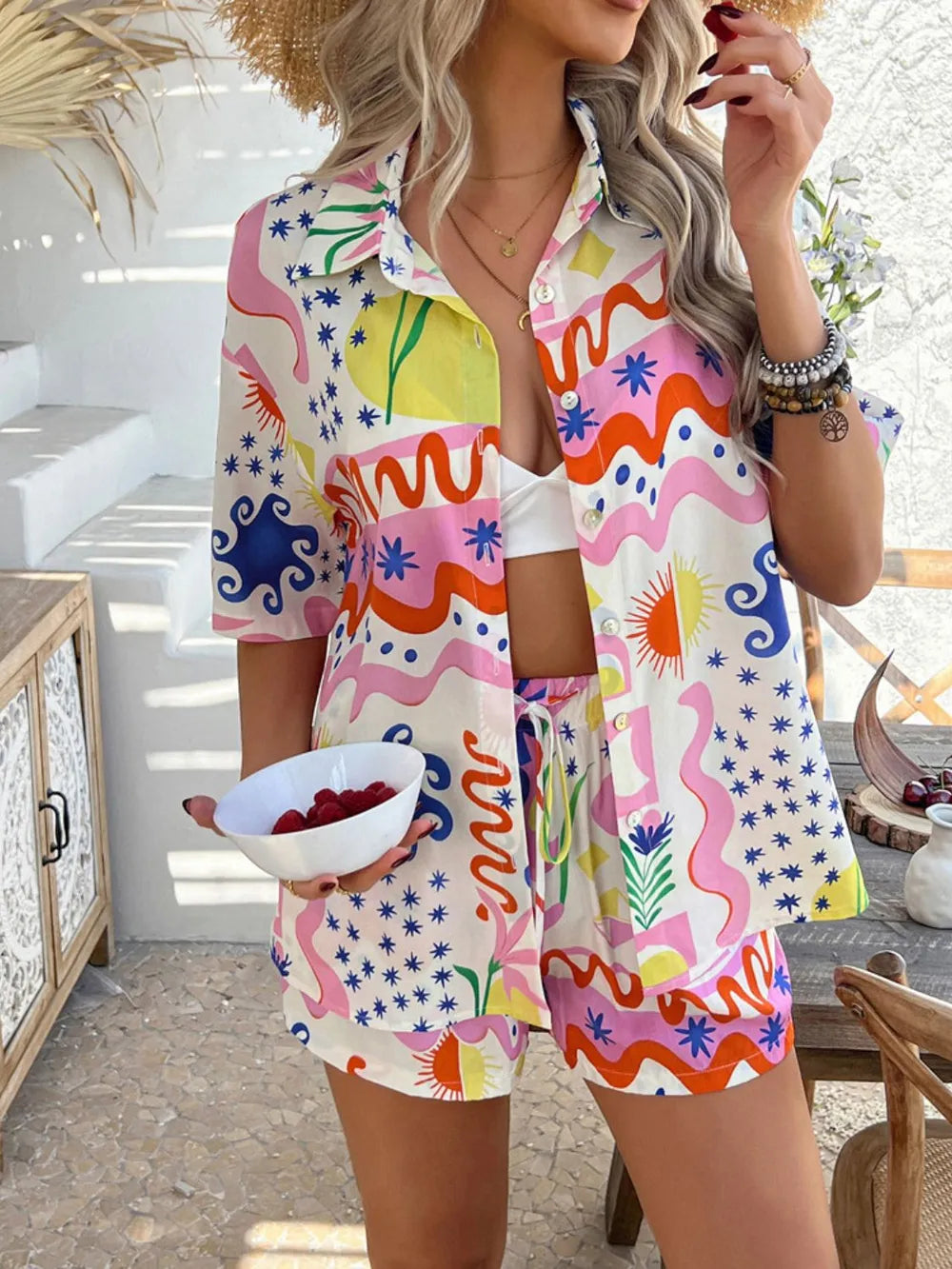 Printed Button Down Shirt Shorts Set (19)