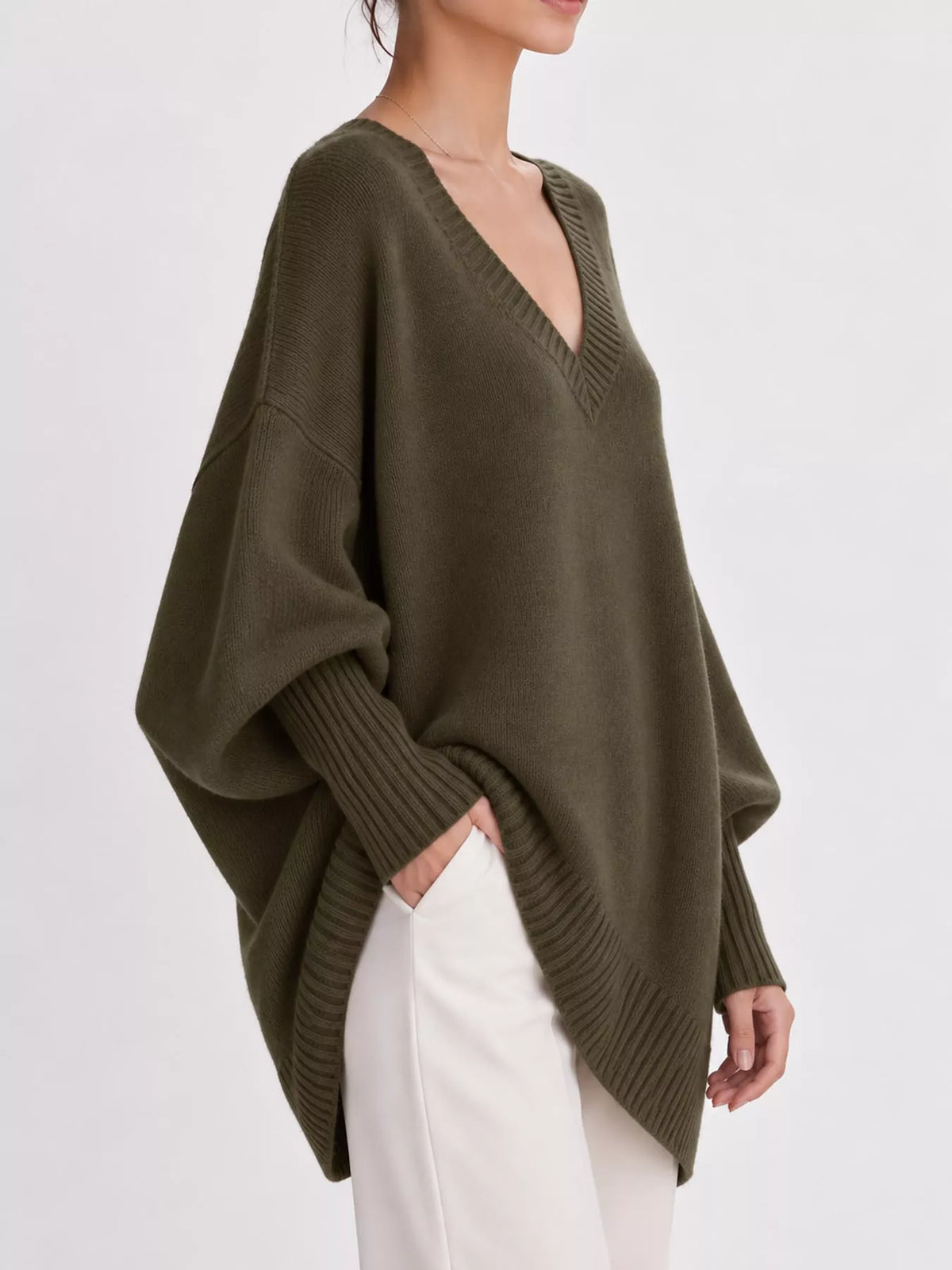 Full Size V-neck Oversized Batwing Sleeve Sweater Plus (22)