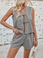 Gingham Print Tie Front Top Shorts Set