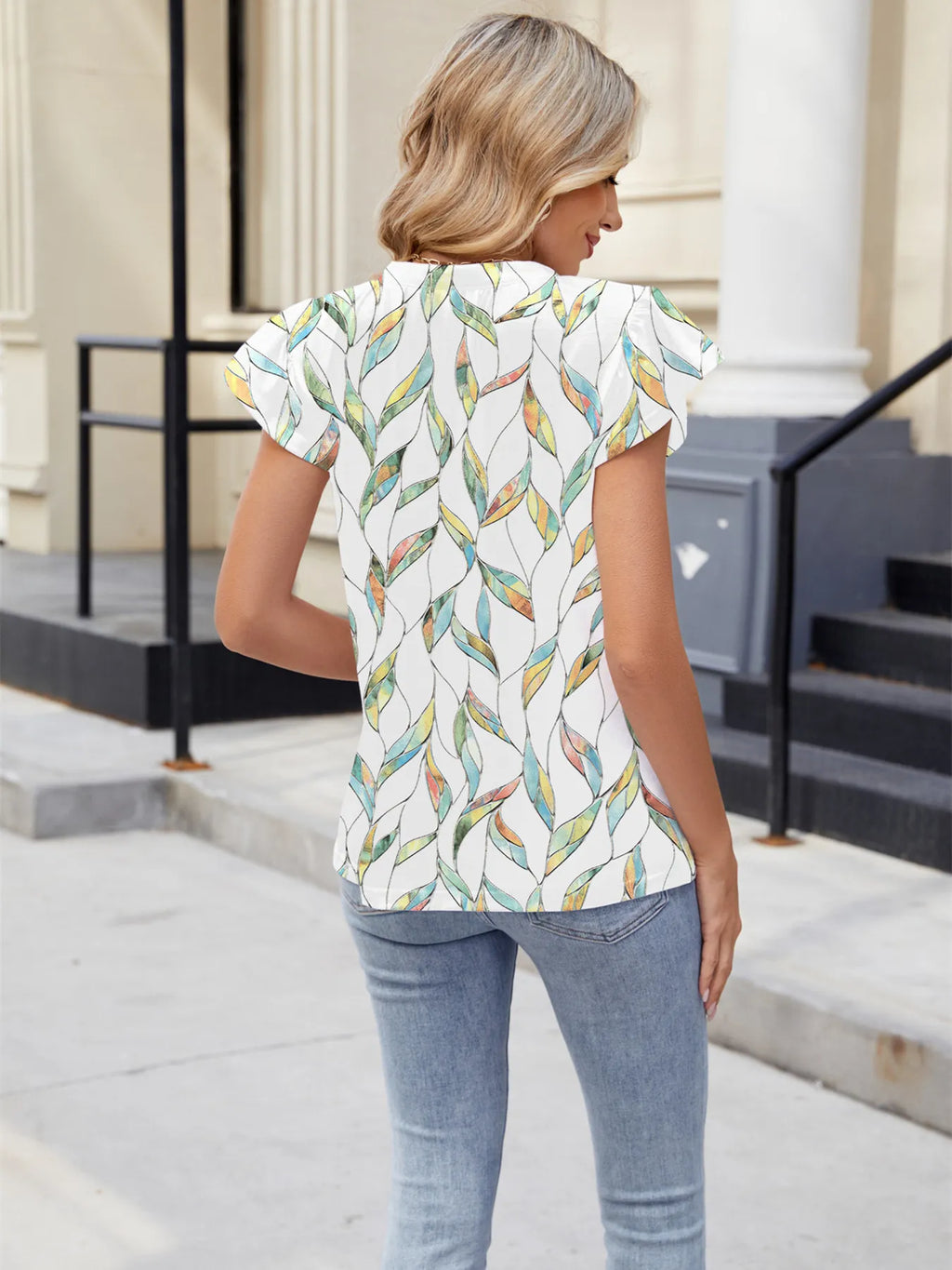 Floral Print V-neck Cap Sleeve Casual Summer Blouse (7)
