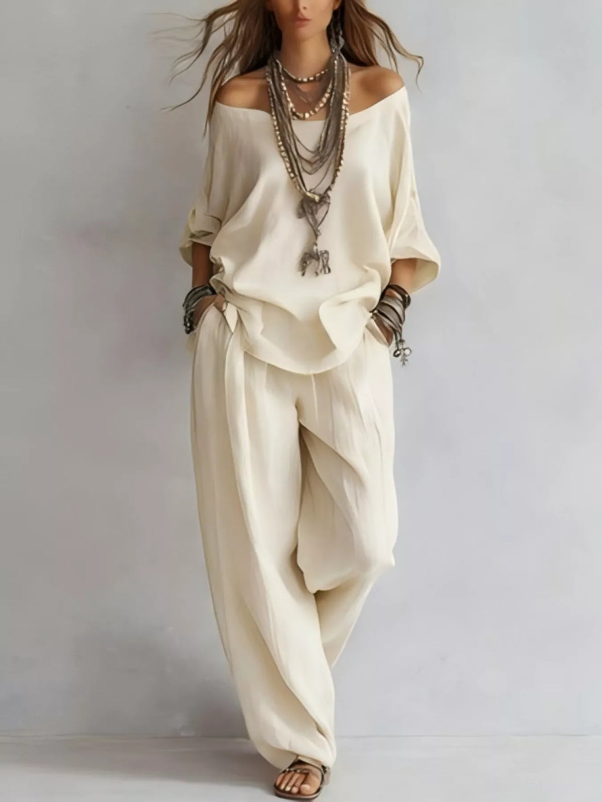 Off-shoulder Loose Fit Top Pants Two-piece Set (4)