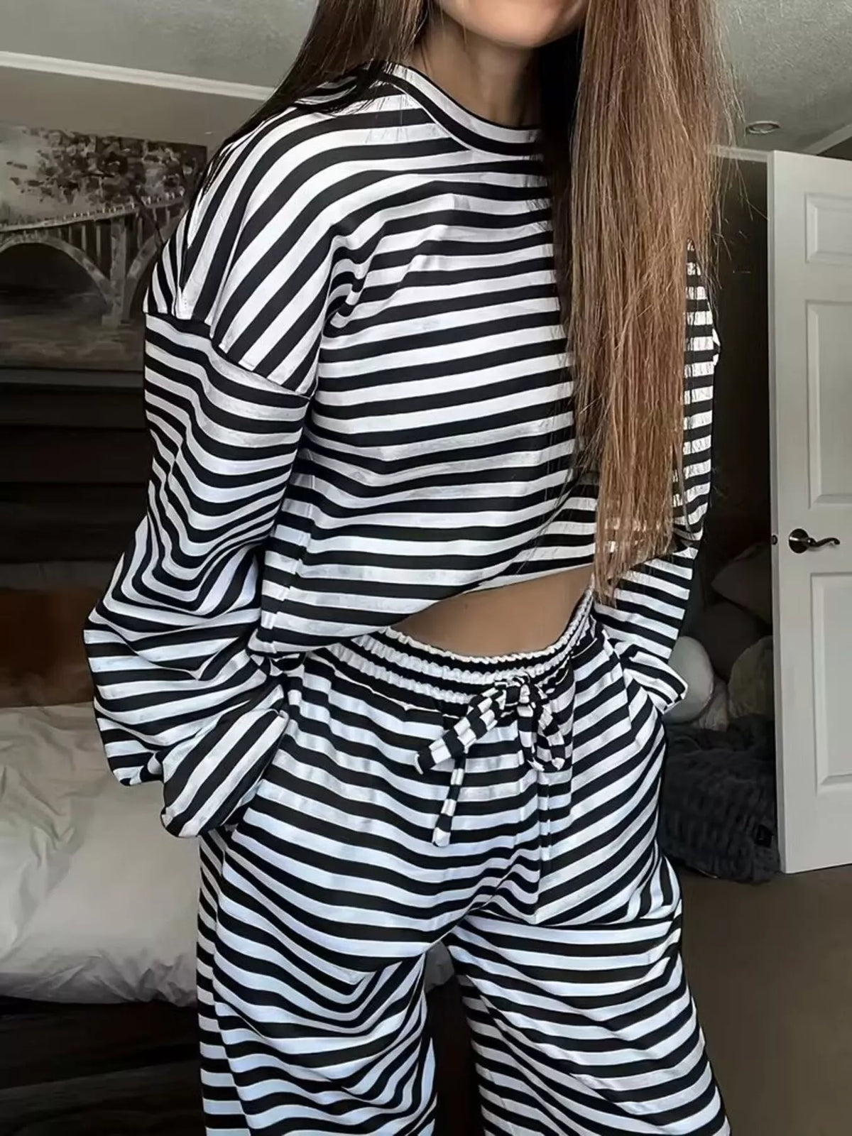 Striped Long Sleeve Top Pants Set (8)