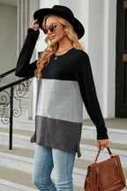 Block Round Neck Long Sleeve Slit T-shirt (20)