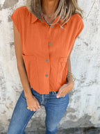 Full Size Button Down Cap Sleeve Linen Shirt Plus