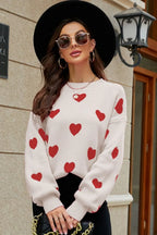 Heart Pattern Lantern Sleeve Round Neck Tunic Sweater (6)