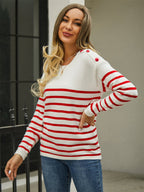 Round Neck Shoulder Button Striped Pullover Sweater (6)