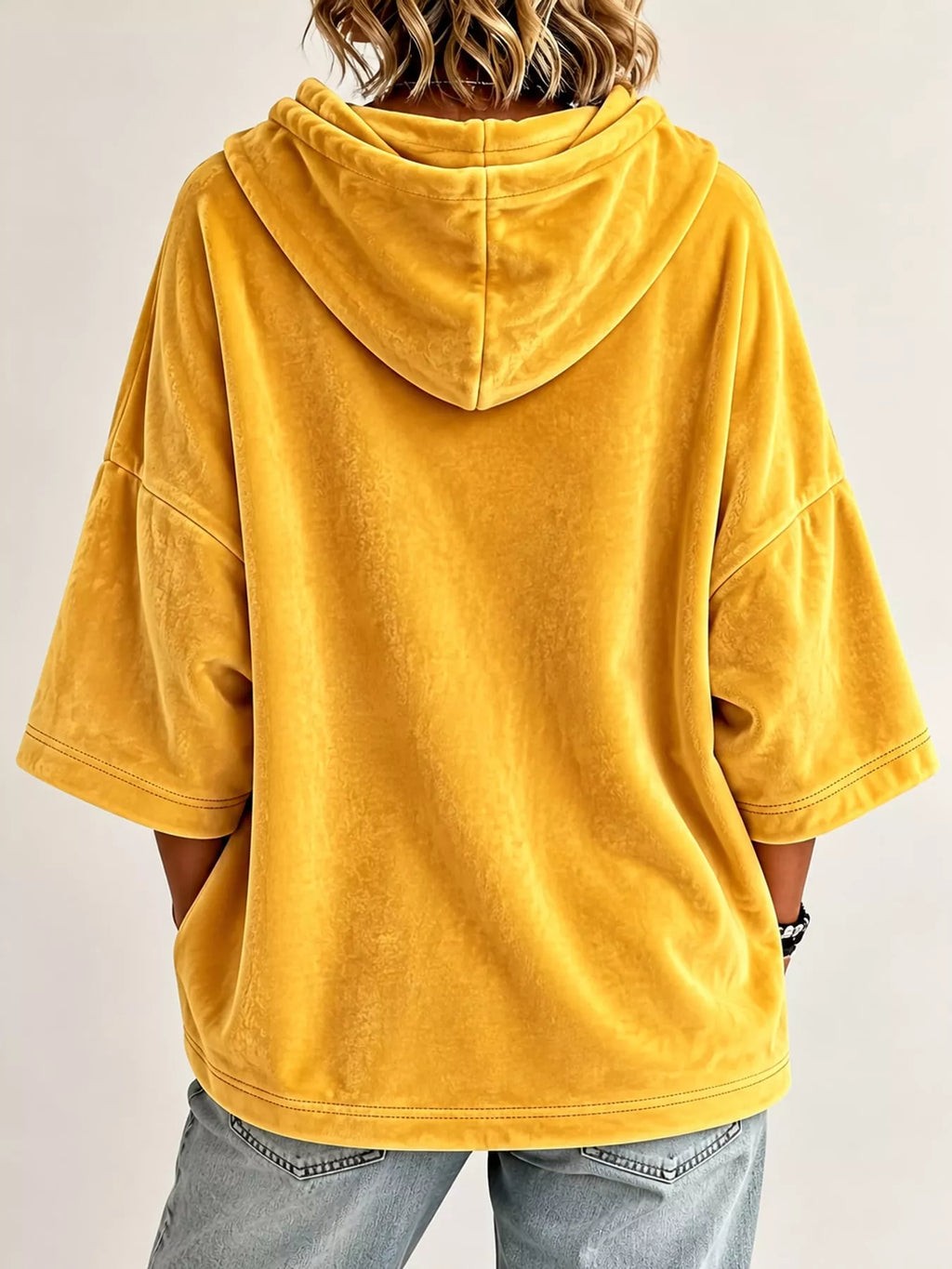 Full Size Velvet Half Sleeve Hoodie Drawstring Plus (12)
