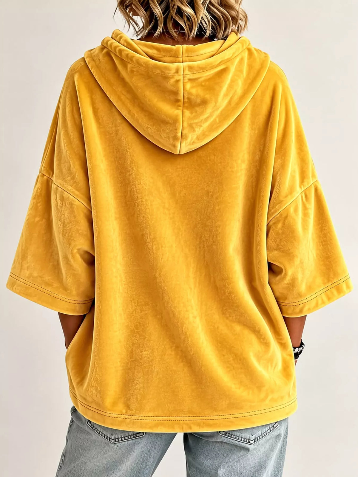 Full Size Velvet Half Sleeve Hoodie Drawstring Plus (12)