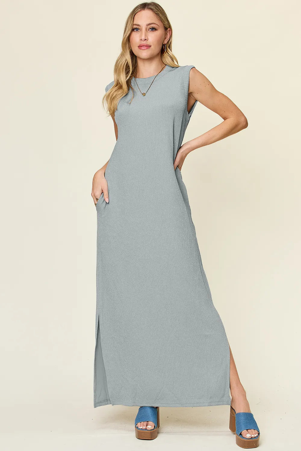Full Size Texture Mock Neck Sleeveless Maxi Dress (5)