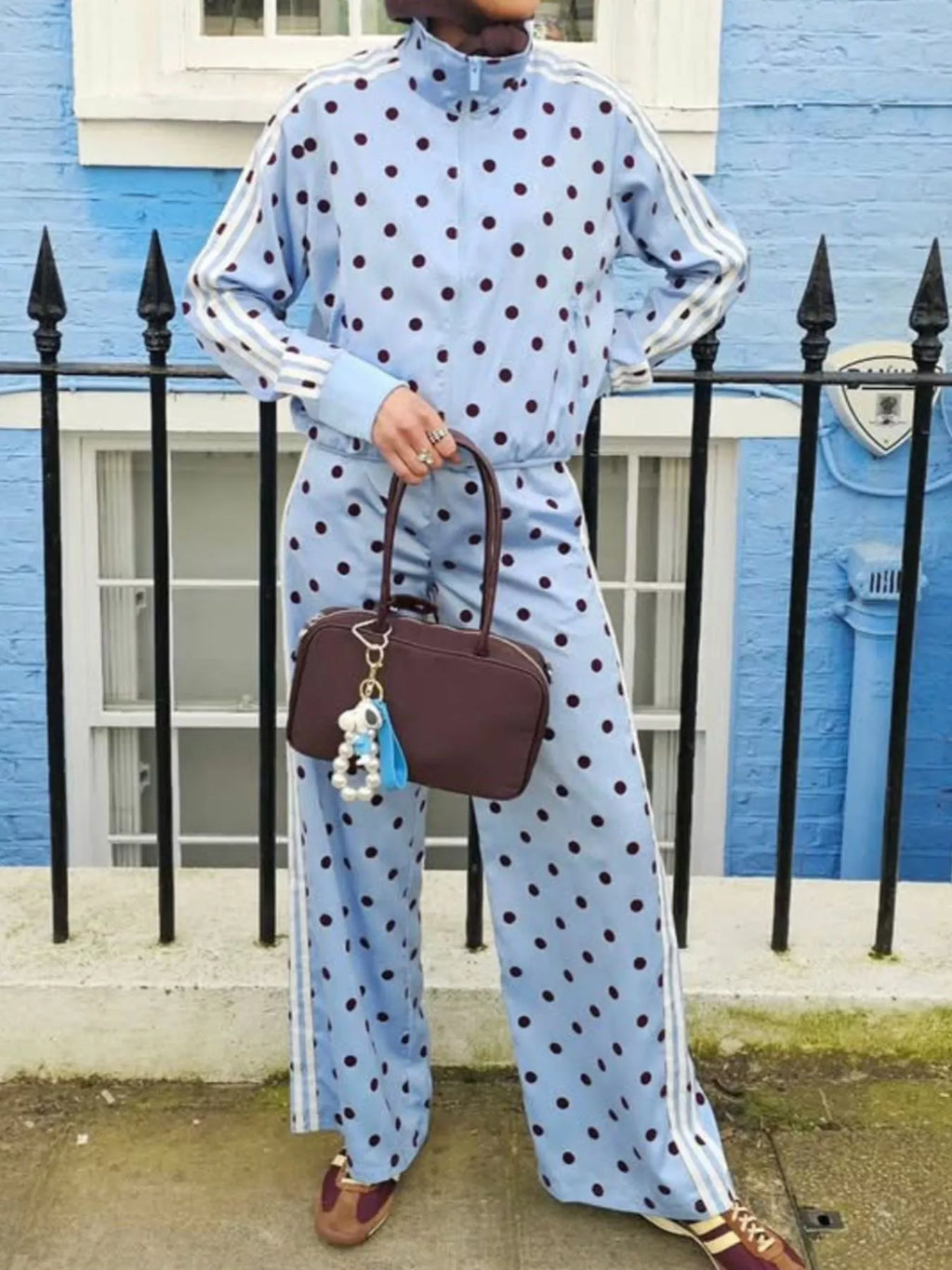Polka Dot Side Striped Outerwear Pants Set (3)