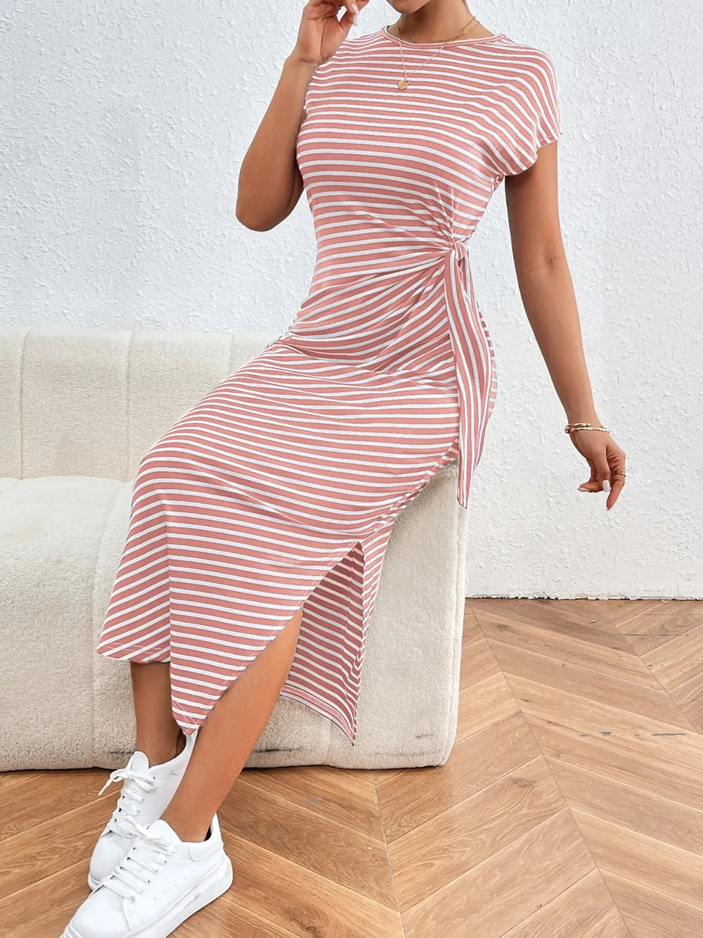 Tied Striped Round Neck Short Sleeve Tee Dress (21)