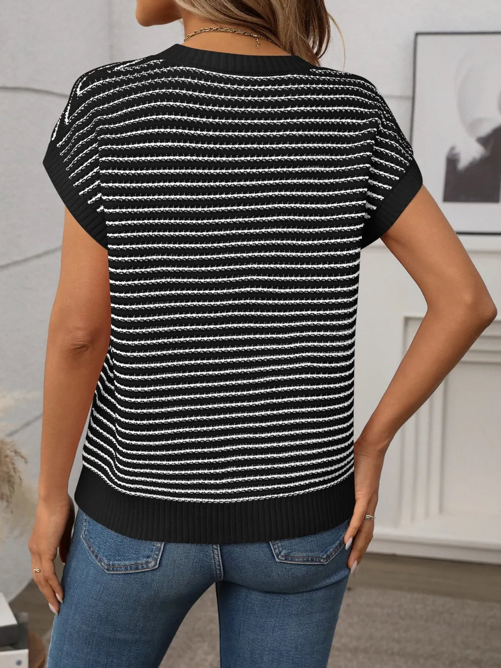 Striped Round Neck Short Sleeve Knit Top (10)