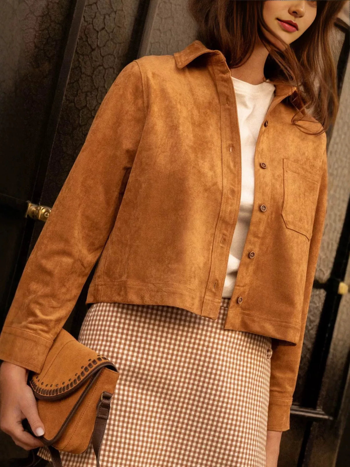 Cropped Faux Suede Button-down Jacket (2)