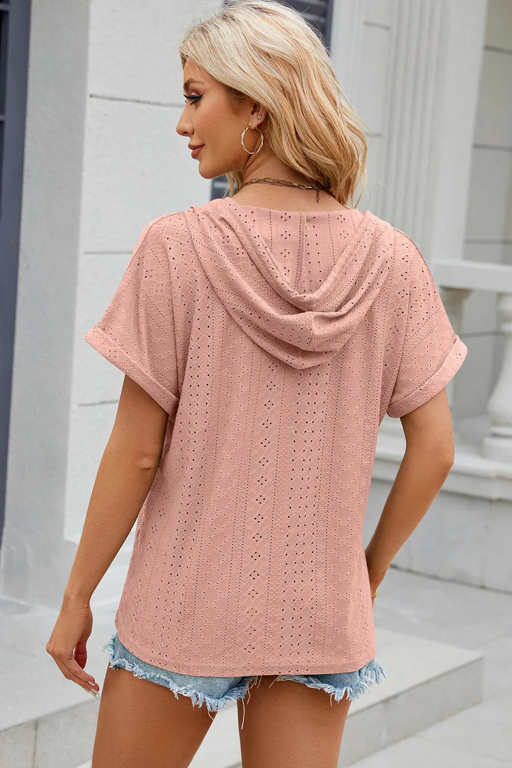 Eyelet Drawstring Hooded Short Sleeve Blouse (32)
