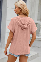 Eyelet Drawstring Hooded Short Sleeve Blouse (32)