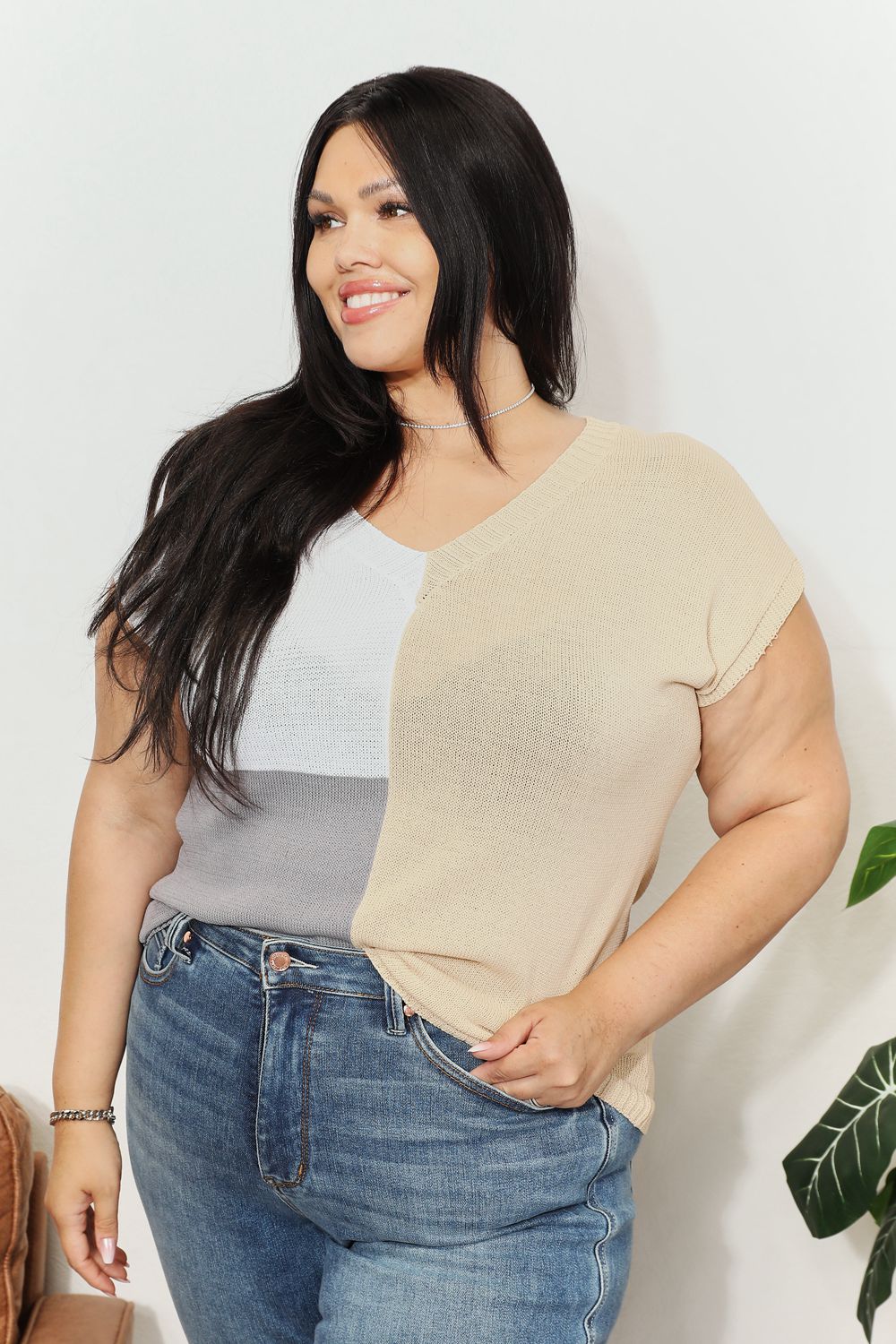 Block V-neck Knit Top (8)
