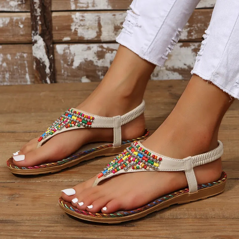 Pu Leather Beaded Flat Sandals (3)