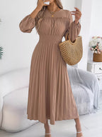 Smocked Pleated Long Sleeve Midi Dress (5)