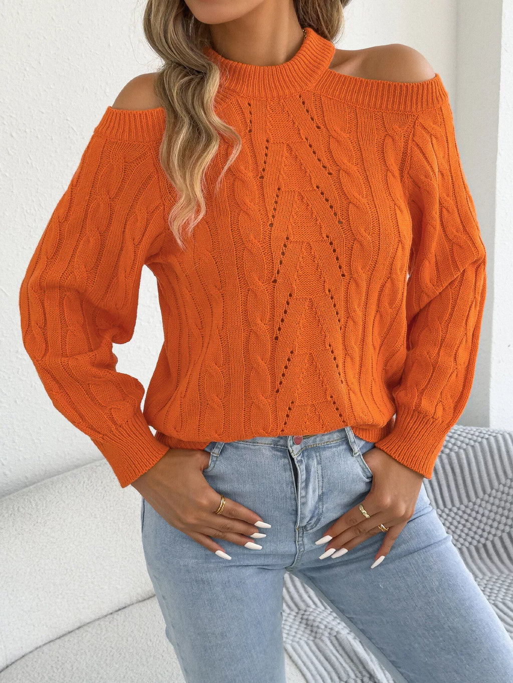 Cold Shoulder Cable Knit Sweater (3)