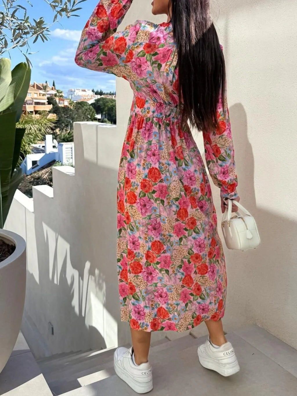 Floral Print Long Sleeve V-neck Dress (4)