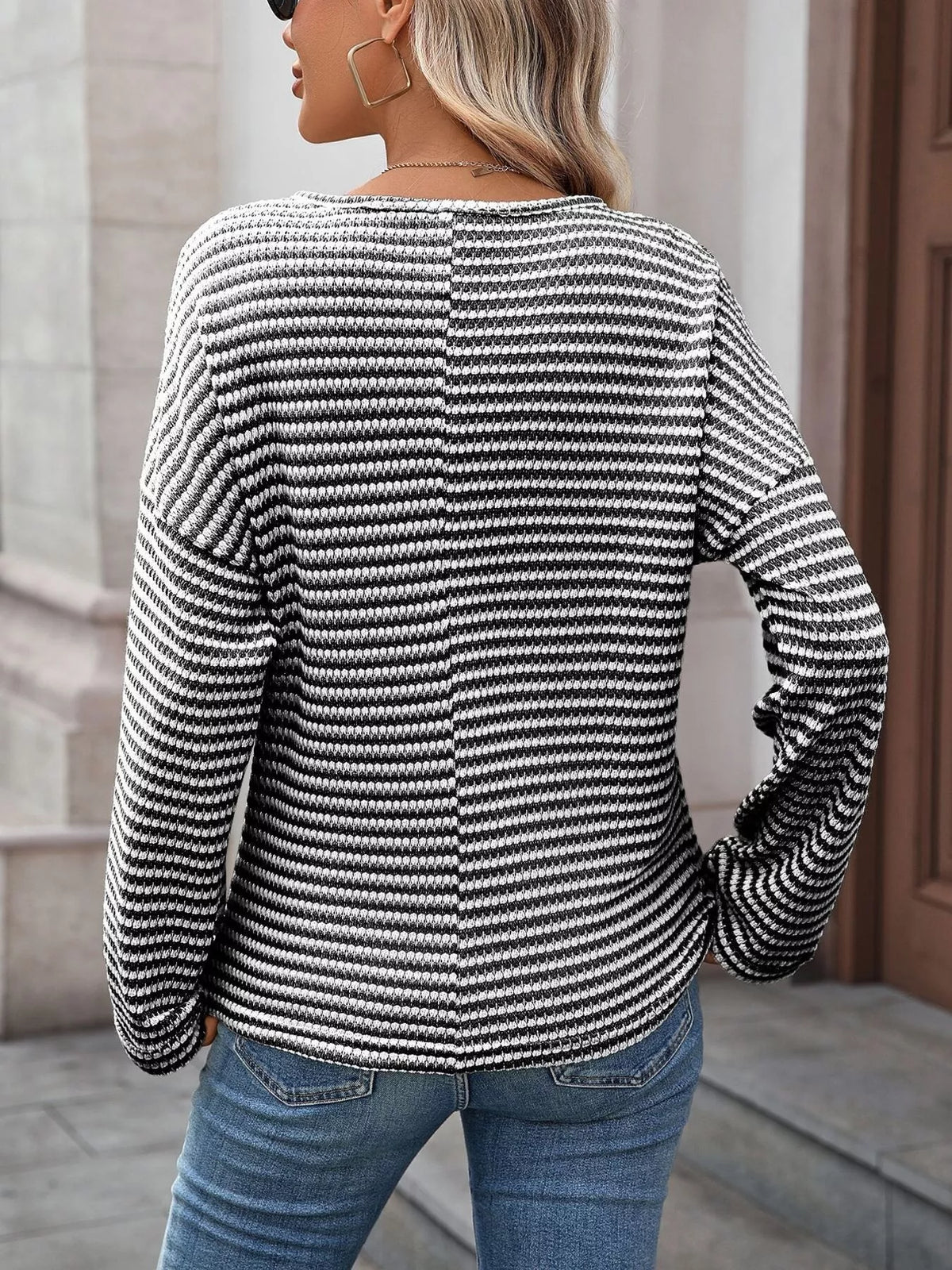 Striped Notched Long Sleeve T-shirt (13)