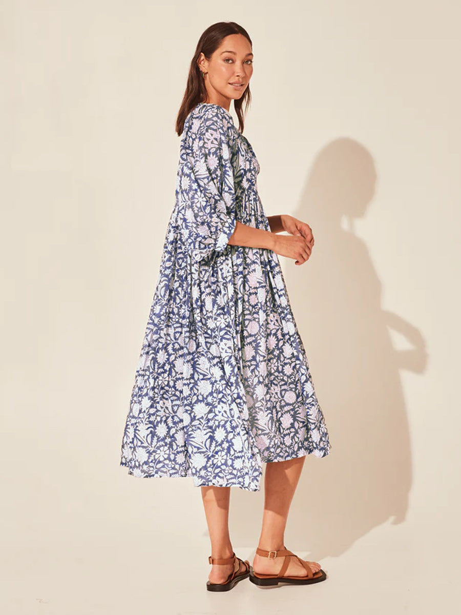Floral Tie Neck Lantern Sleeve Dress (5)
