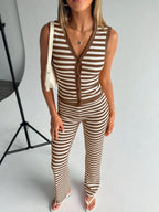 Striped Knit V-neck Button-up Sleeveless Top Flare Pants Set (8)