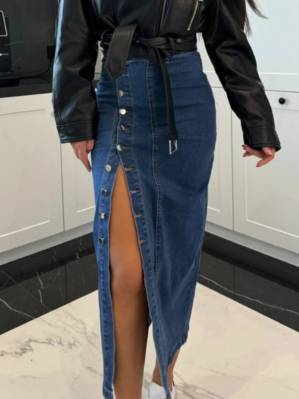 Front Button Slit Midi Denim Skirt (9)