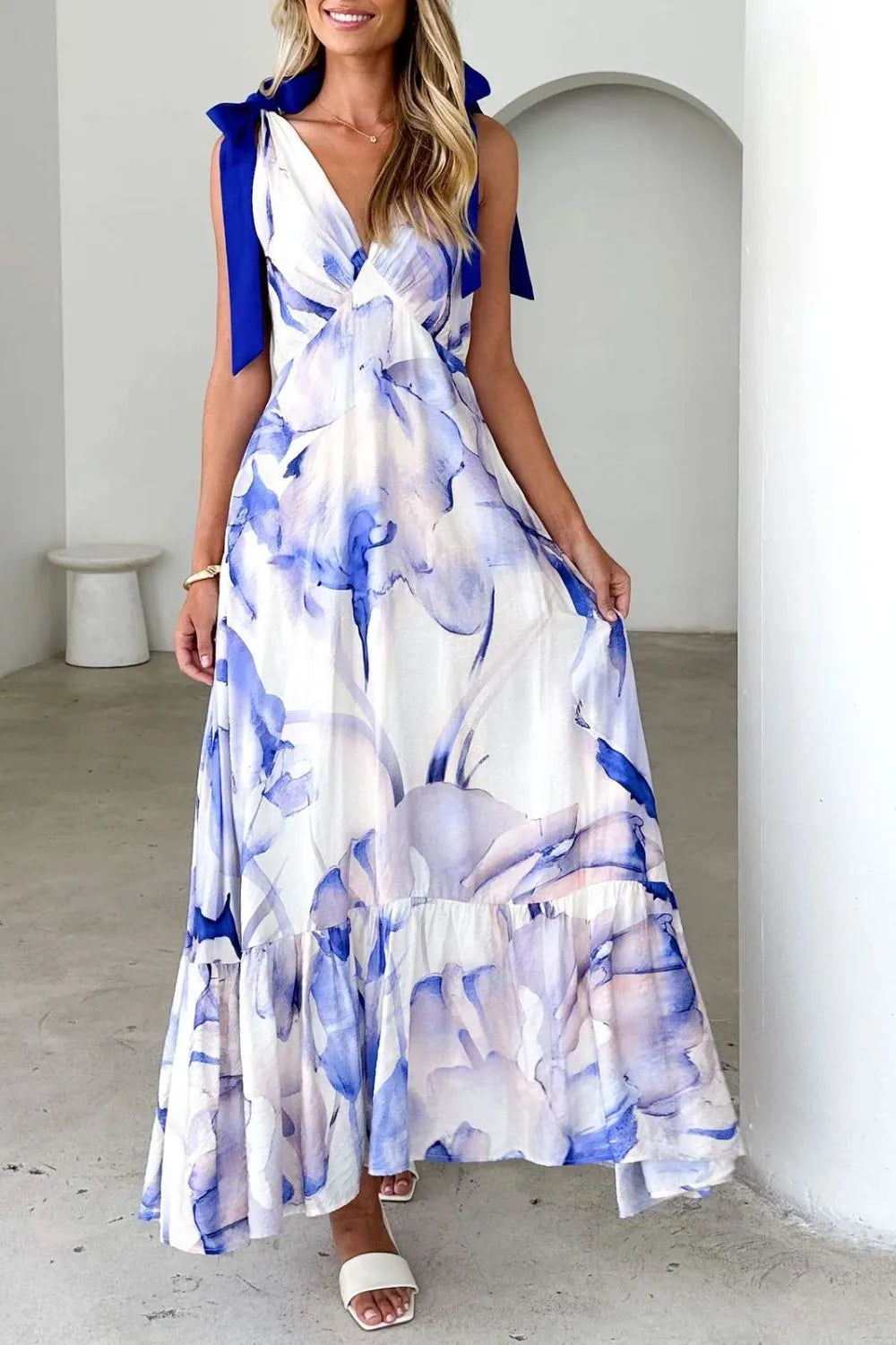 Printed V-neck Tie Shoulder Midi Cami Dress (19)