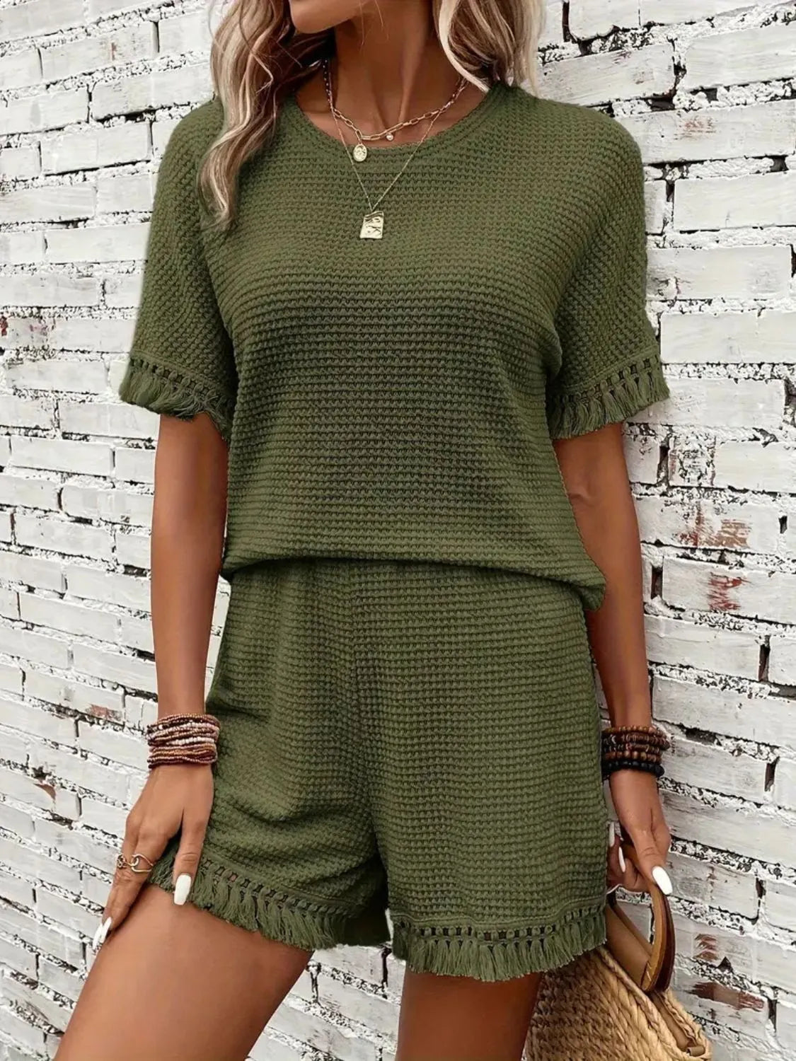 Tassel Round Neck Top Shorts Set (8)