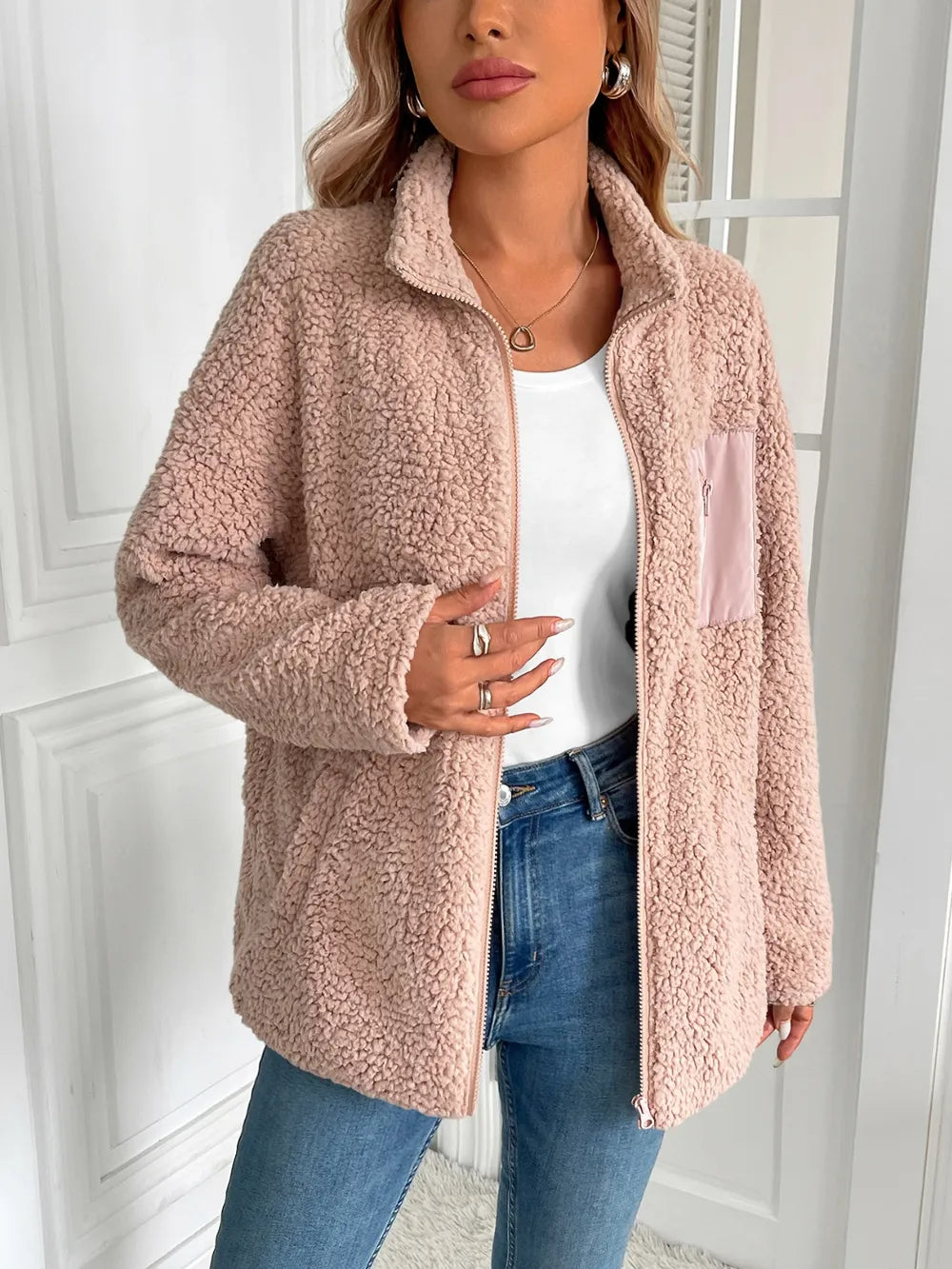 Zip Up Long Sleeve Fuzzy Jacket (2)