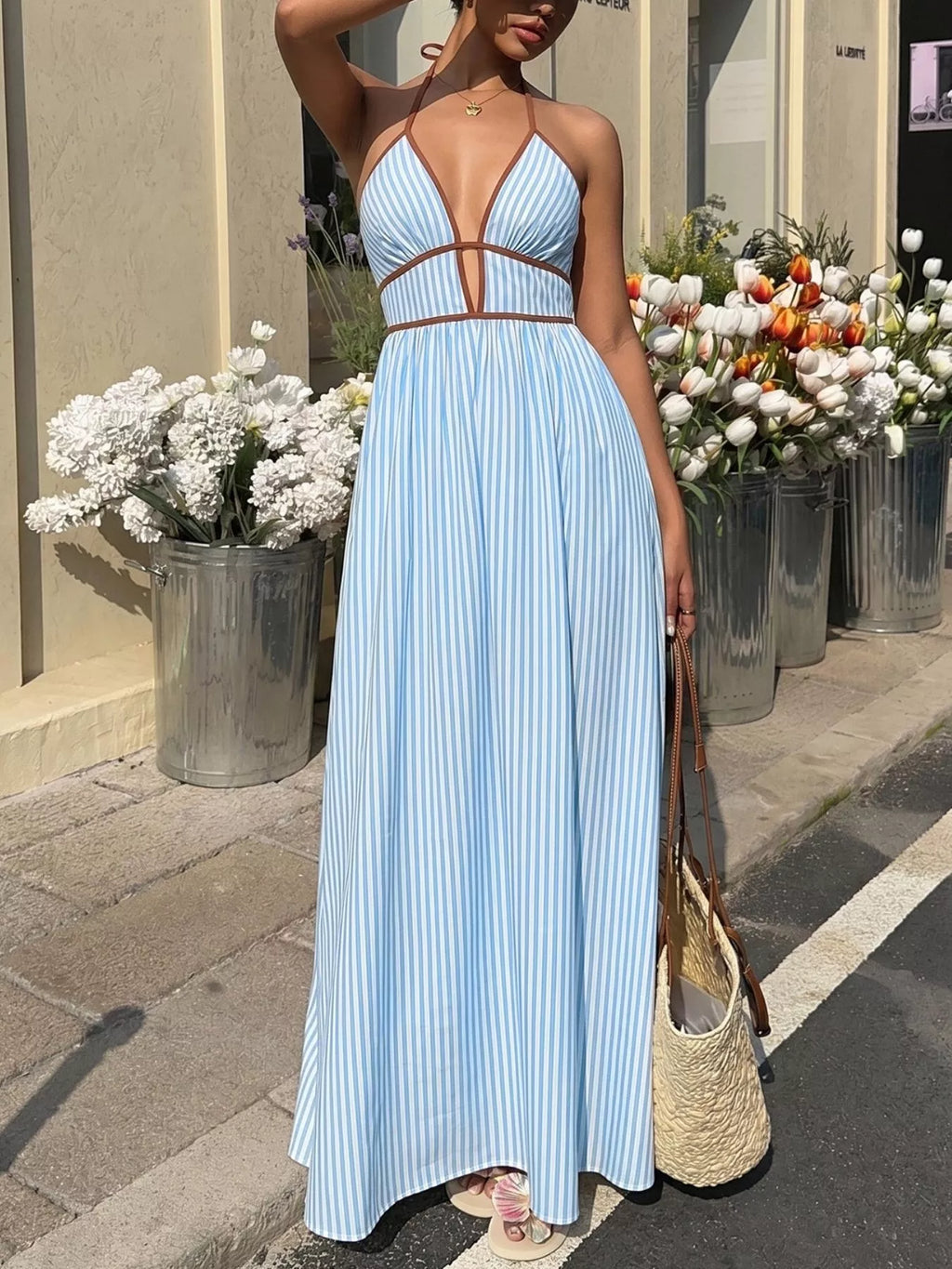 Striped Halter Neck Maxi Dress (2)