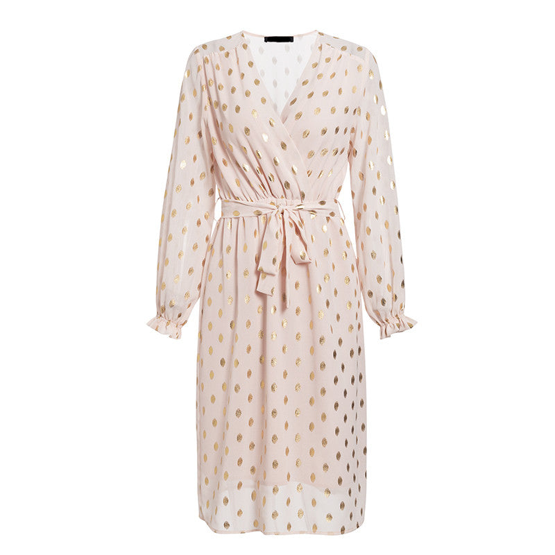 Lantern Sleeve Belt Midi Dress variant CJNSSYLY05359-Flesh pink-M|CJNSSYLY05359-Flesh pink-S|CJNSSYLY05359-Flesh pink-L