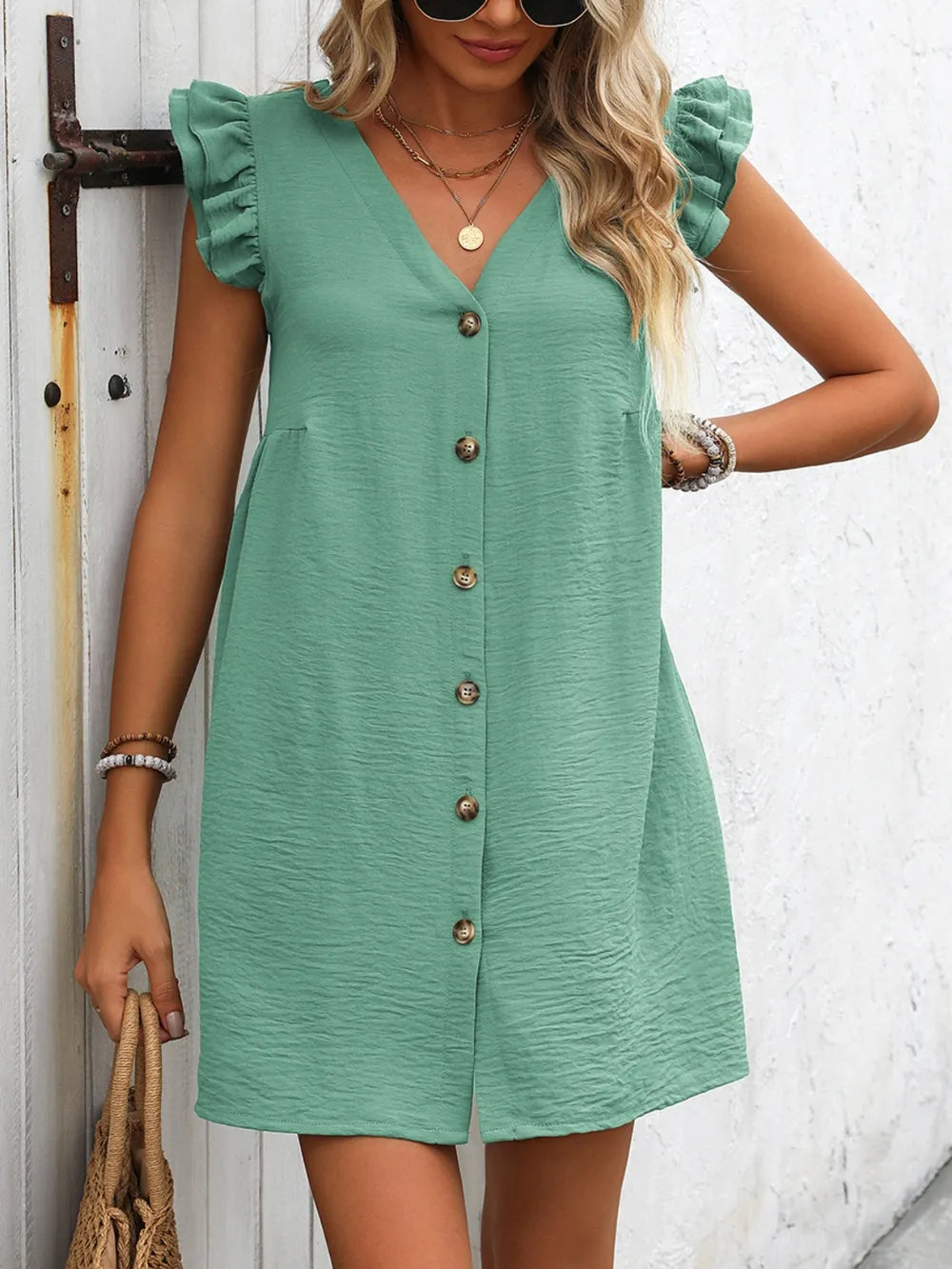 Button Up V-neck Cap Sleeve Mini Dress (25)