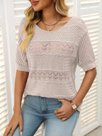 Openwork Round Neck Half Sleeve Knit Top (18)
