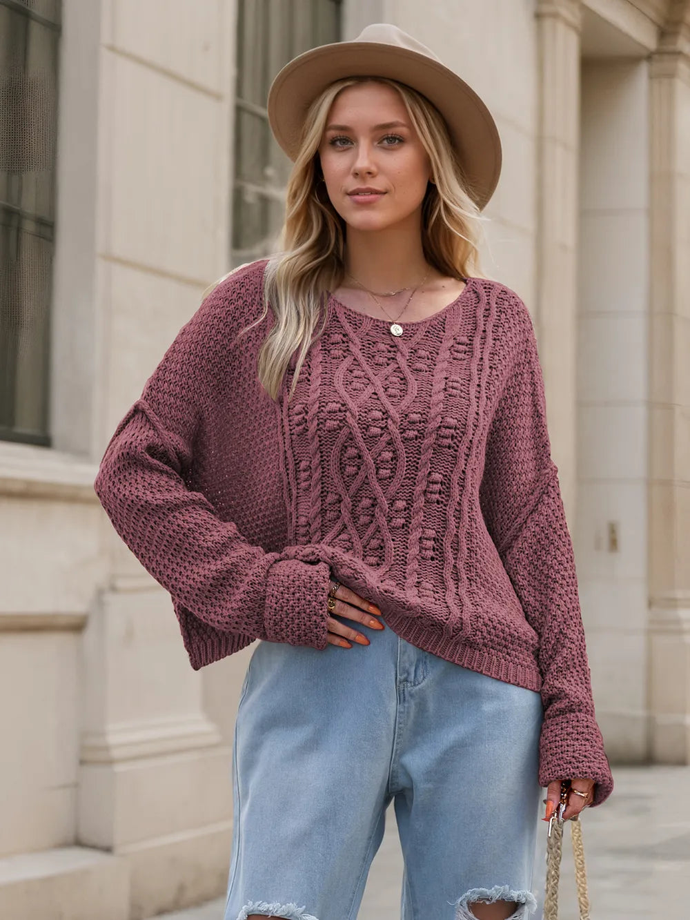 Round Neck Dropped Shoulder Long Sleeve Sweater (10)