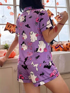 Halloween Ghost Print Button-down Top Shorts Lounge Set (12)