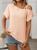 Eyelet Asymmetrical Shoulder Short Sleeve T-shirt (2)