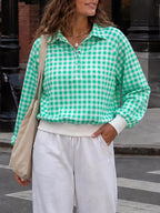 Gingham Plaid Collared Sweatshirt Ribbed Hem (12)